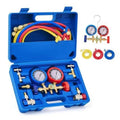 AC manifold gauge set with two pressure gauges and colored hoses in blue carrying case