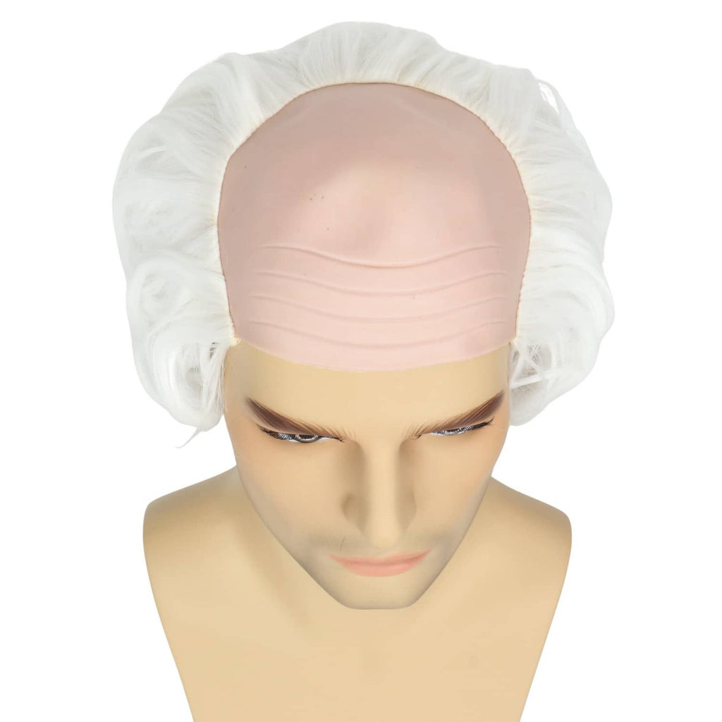 Light flesh-toned bald cap with white wavy hair on both sides, front view