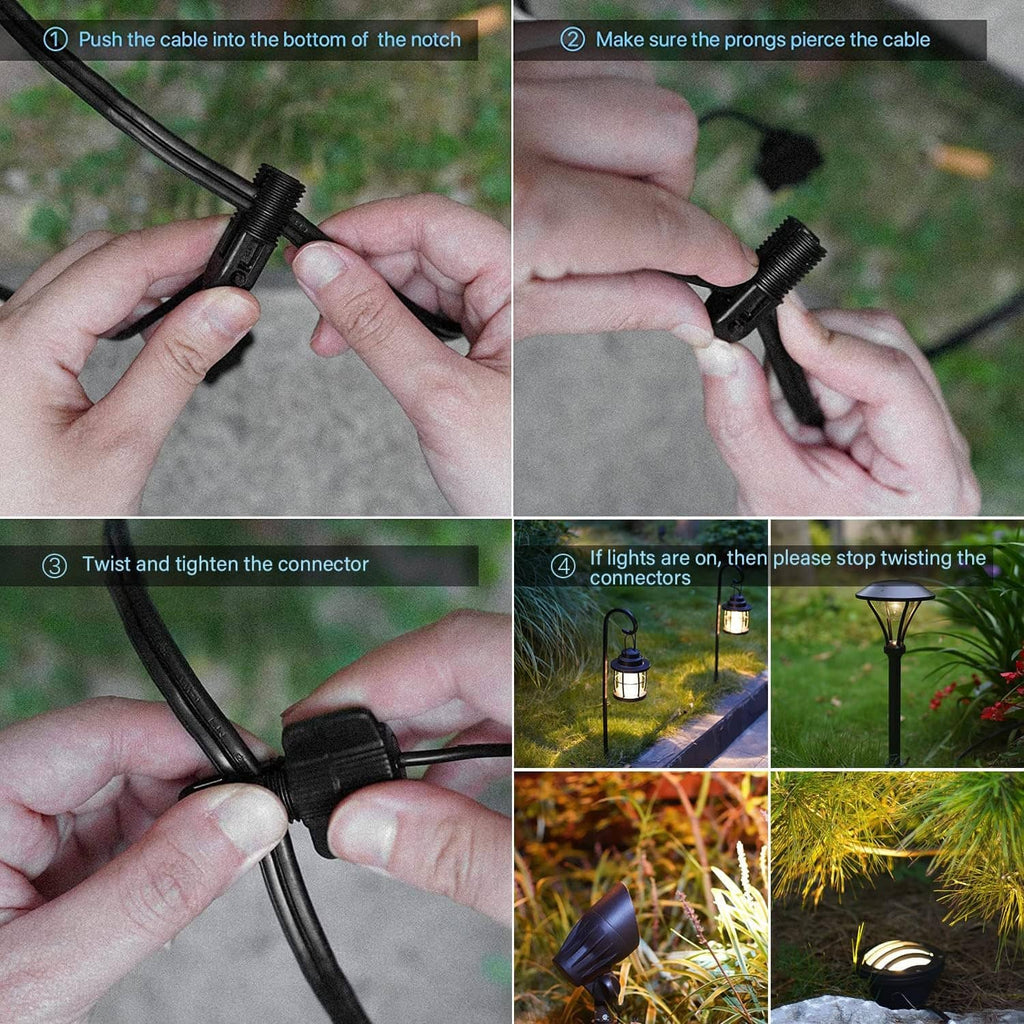 Hands connecting low-voltage LED pathway light cables and prong connectors
