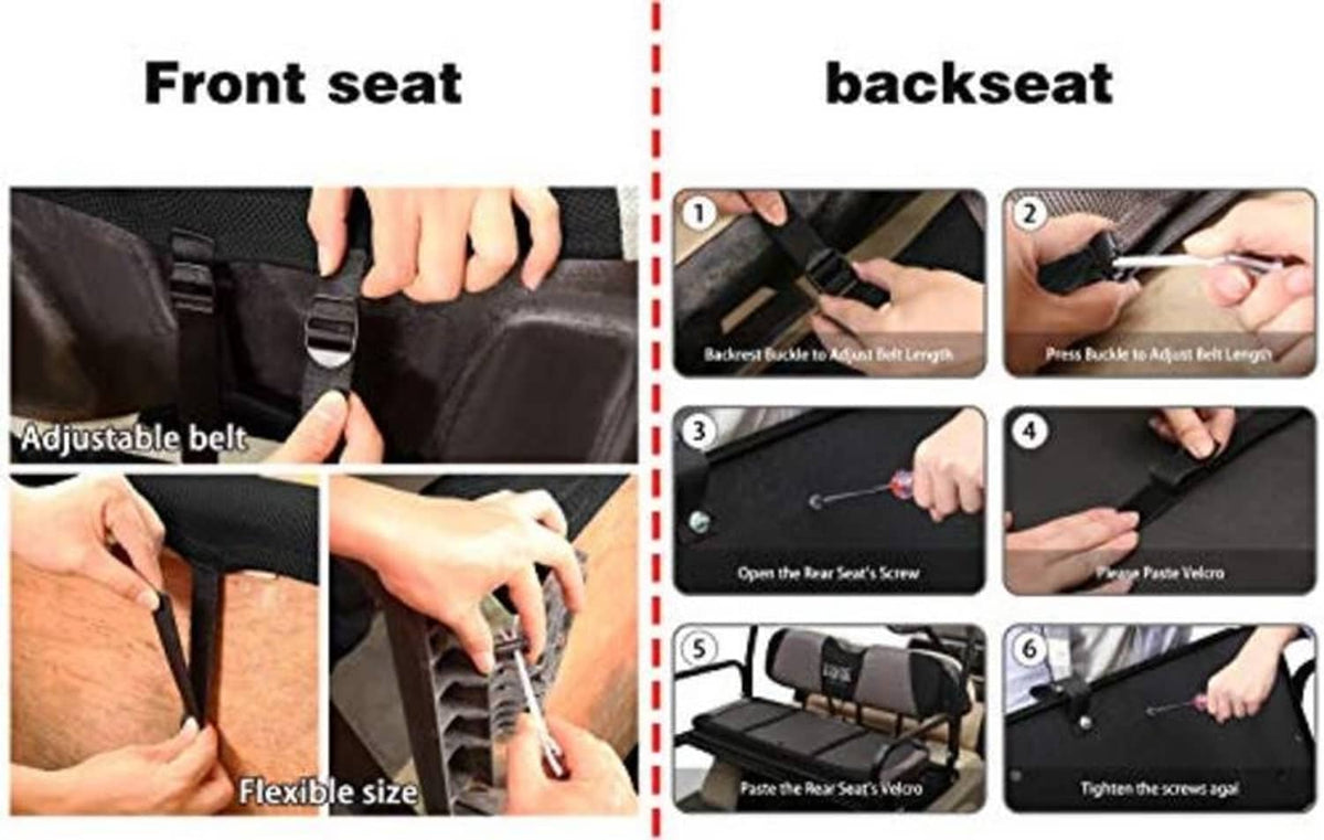 Seat cover installation guide showing adjustable belt and buckle setup for front and back