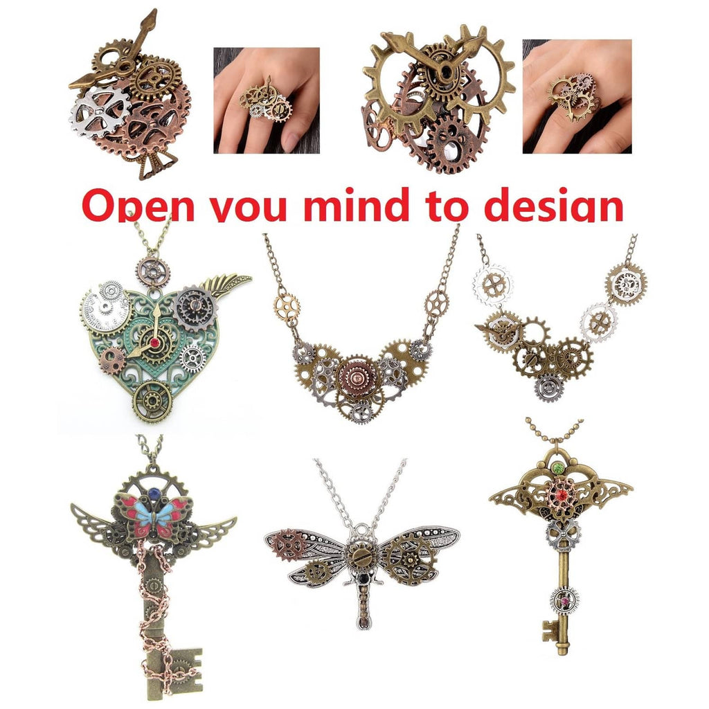 Antique bronze steampunk watch gear jewelry set, layered necklaces and pendants