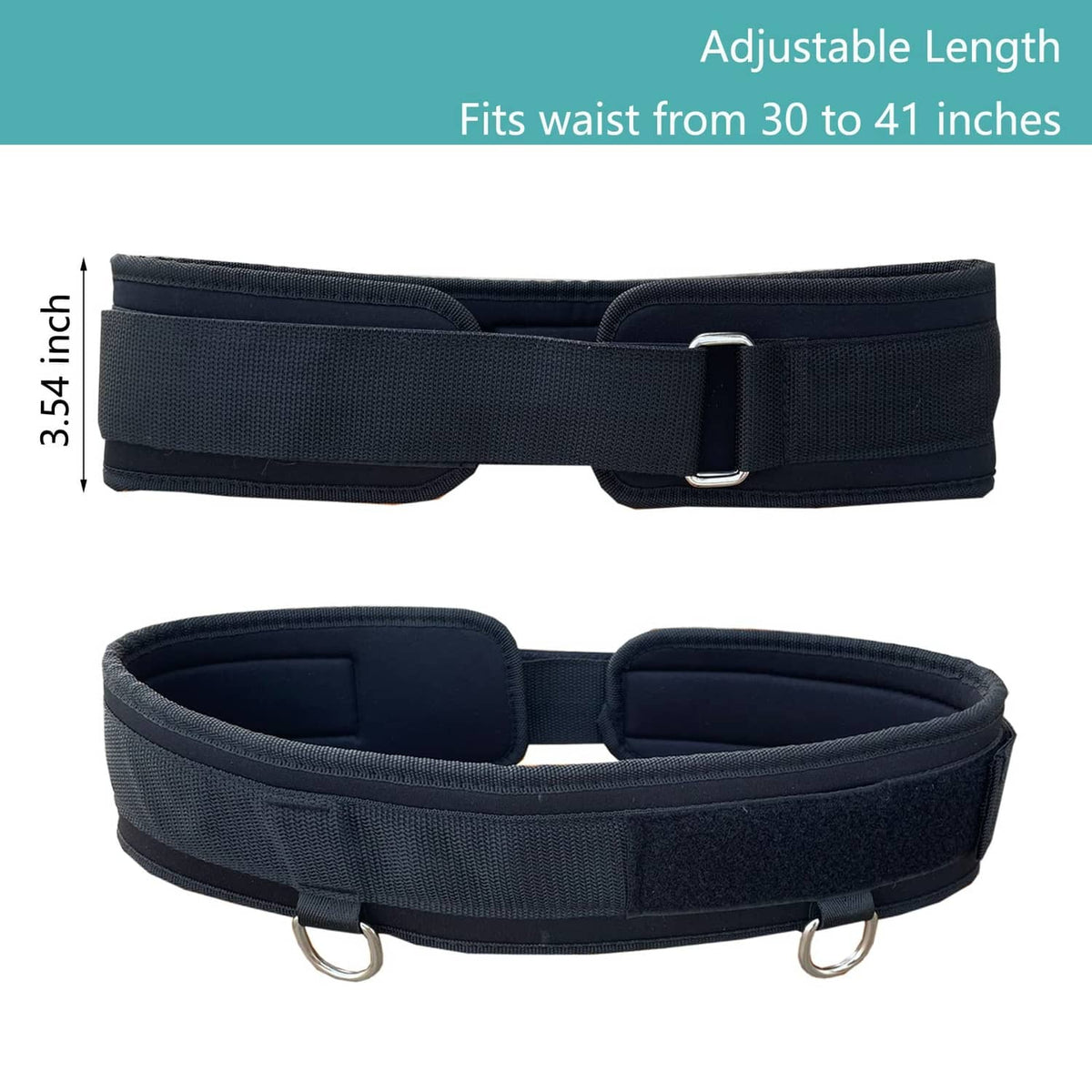 Black neoprene waist belt with adjustable center buckle and two D-ring attachments