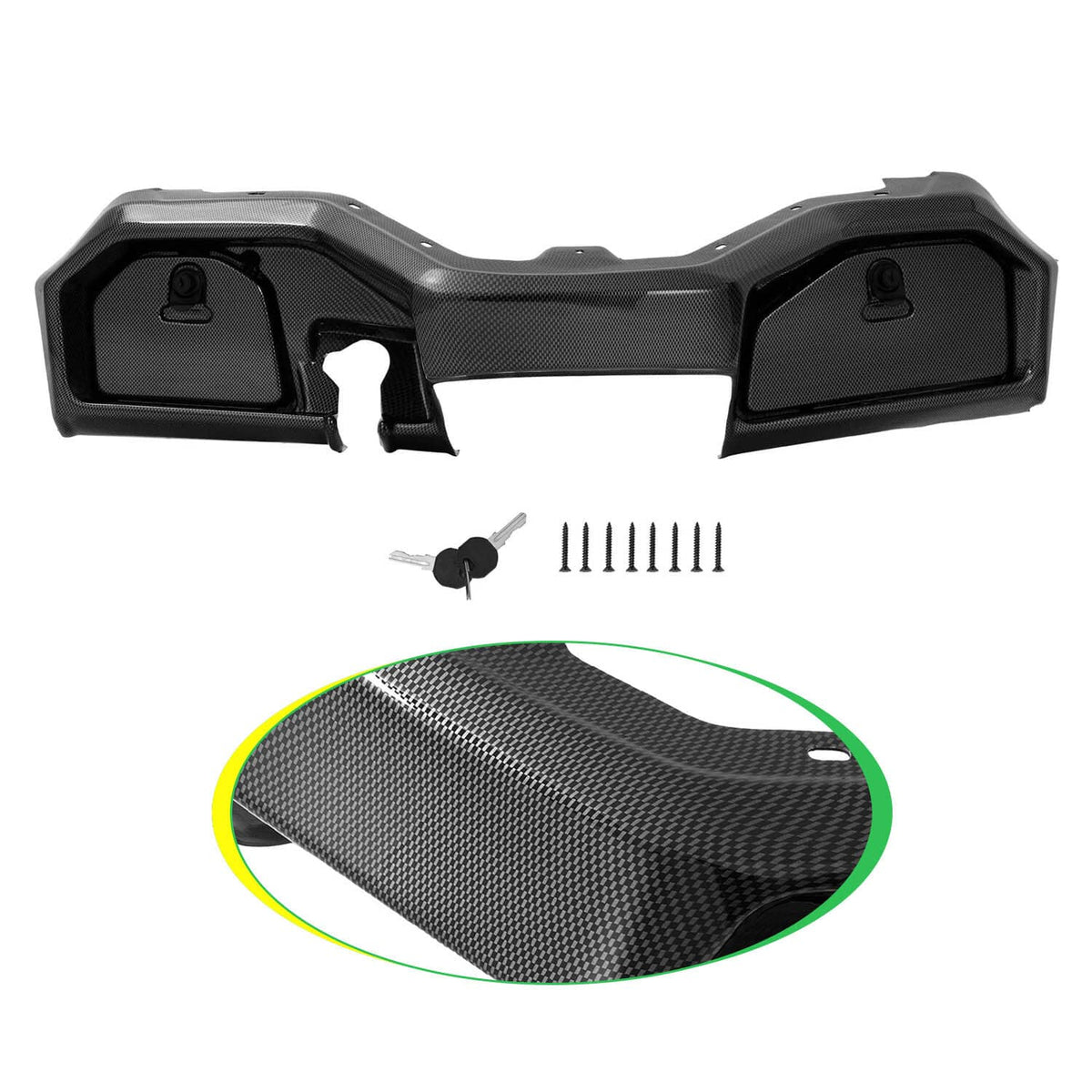 Carbon fiber-style dash cover panel with dark textured finish, key cutout and mounting hardware
