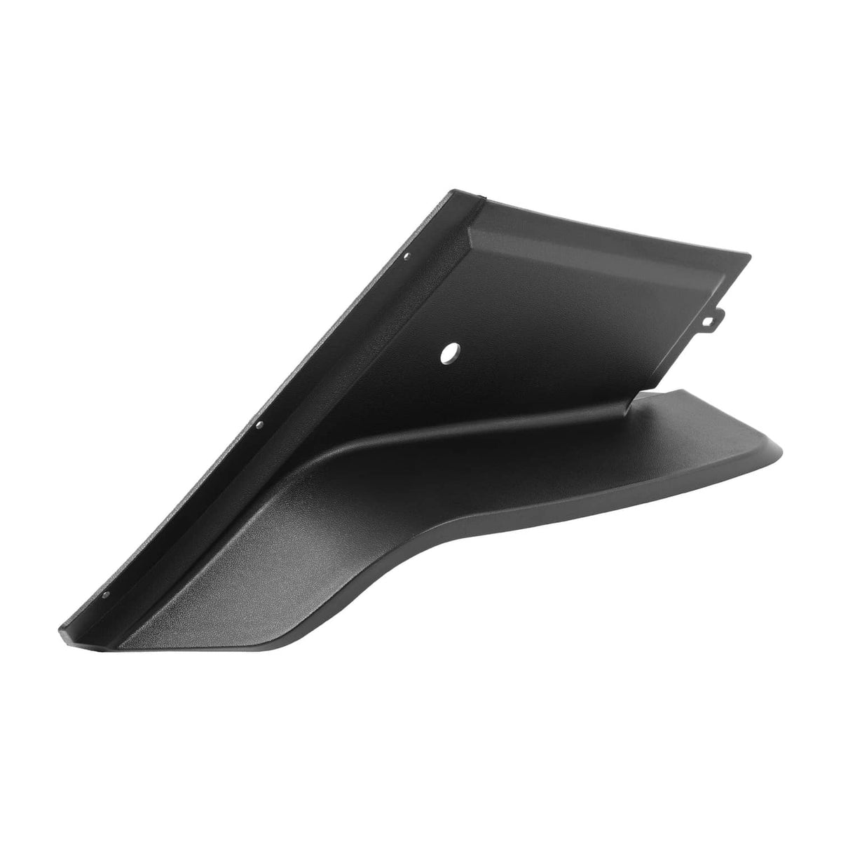 Black fender flare panel with sloped outer edge and mounting holes on bracket