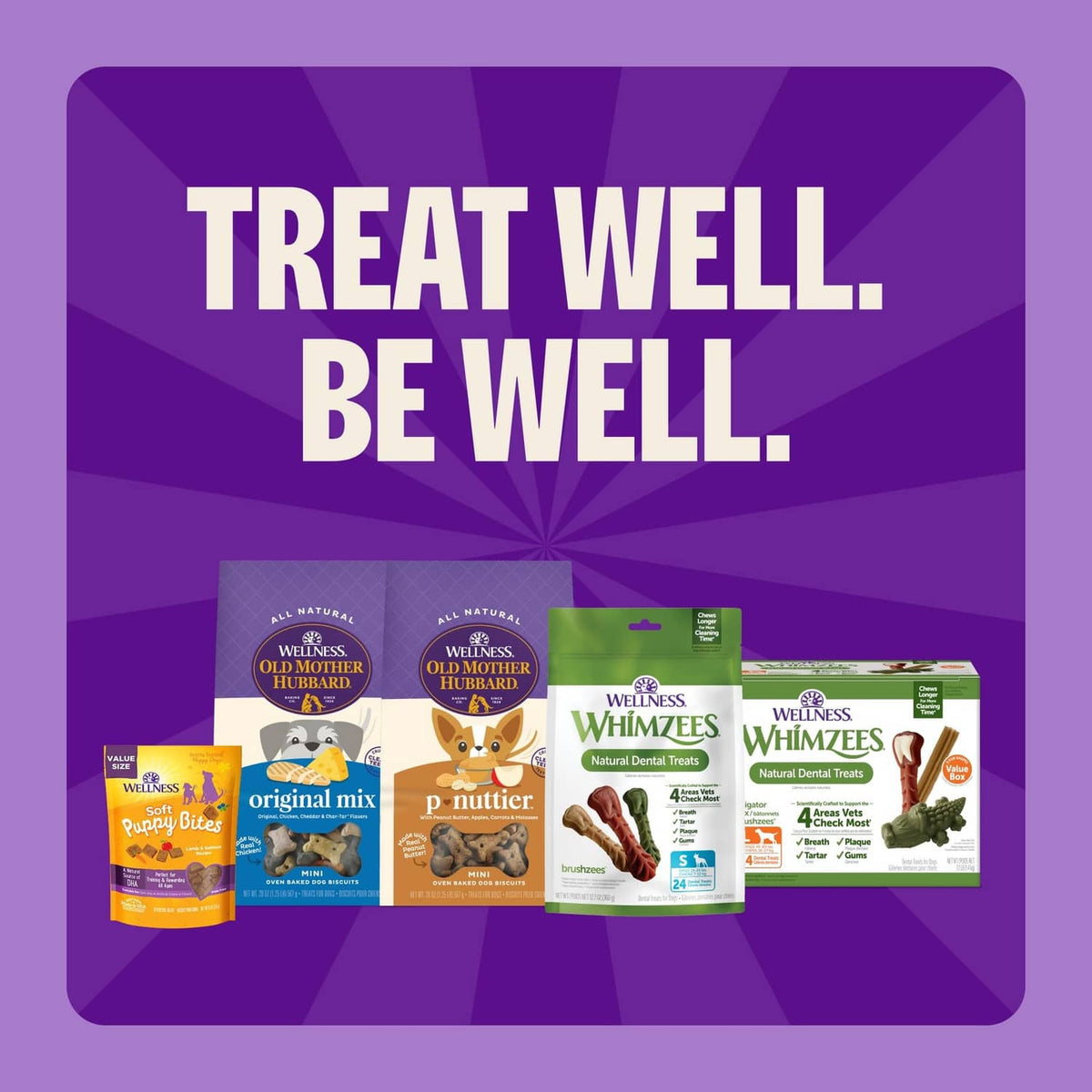 Whimzees variety treat lineup on a purple promotional background