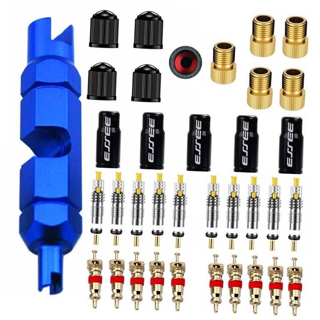 Blue Presta valve core tool kit with brass cores, black caps, and red rubber seals