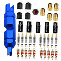 Blue Presta valve core tool kit with brass cores, black caps, and red rubber seals