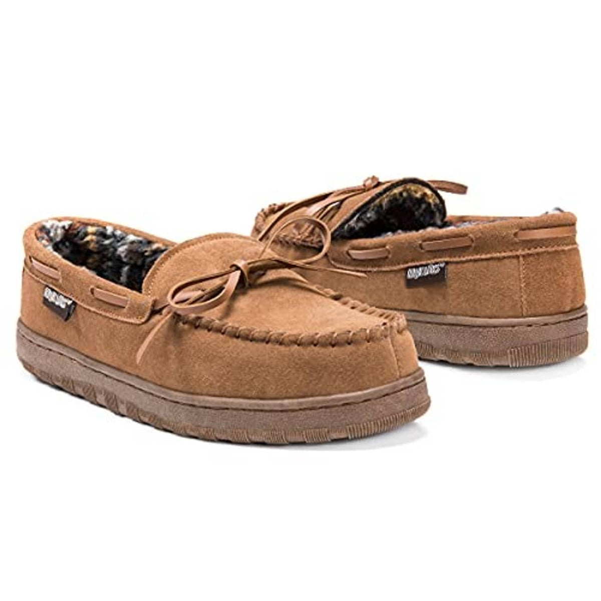 Pair of tan suede moccasin slippers with faux-fur lining, lace ties, grippy sole