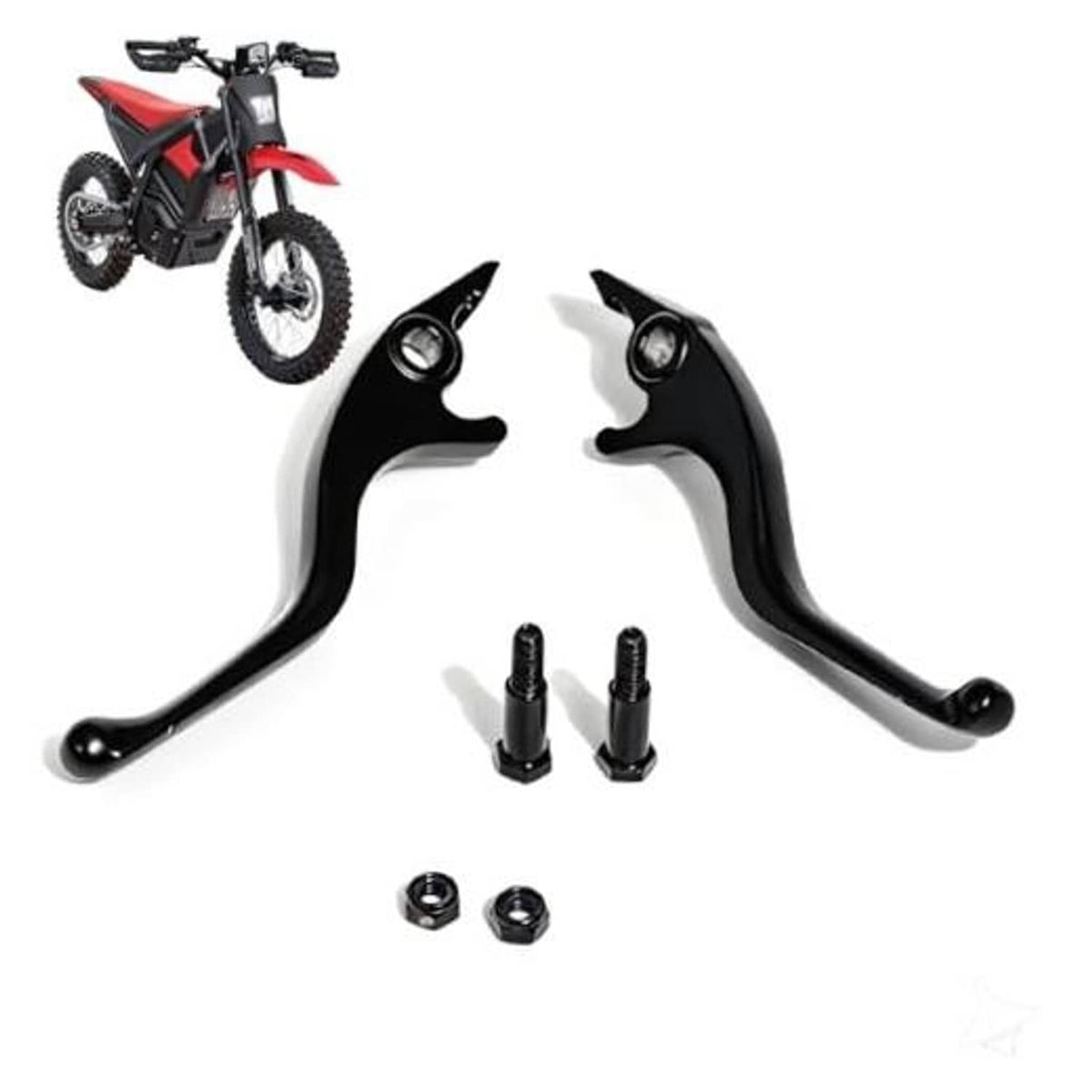 Pair of black adjustable ebike brake levers with mounting screws and nuts
