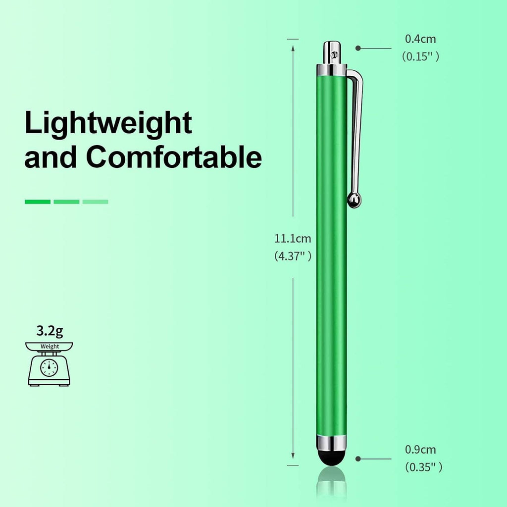 Green stylus pen with metal body, clip, and black rubber tip (dimensions shown)