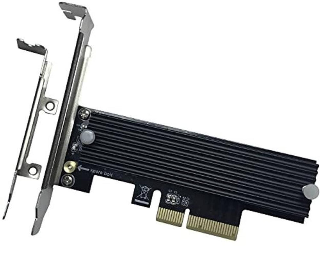 M.2 NVMe to PCIe x4 adapter shown from the side with black heatsink and gold connector