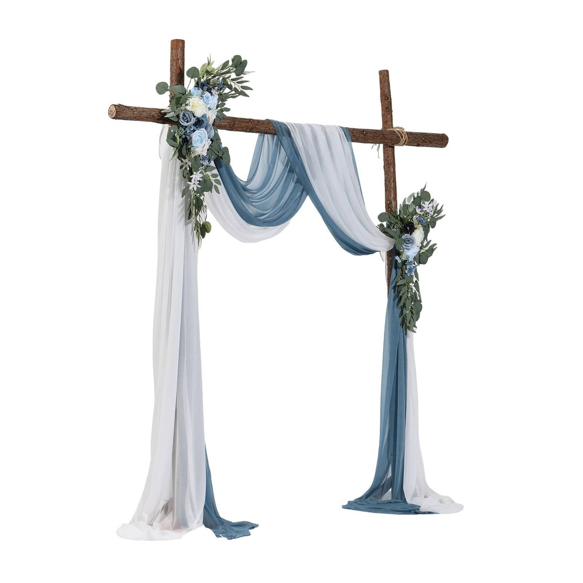 Wooden wedding arch with blue draped center fabric and matching corner flower sprays
