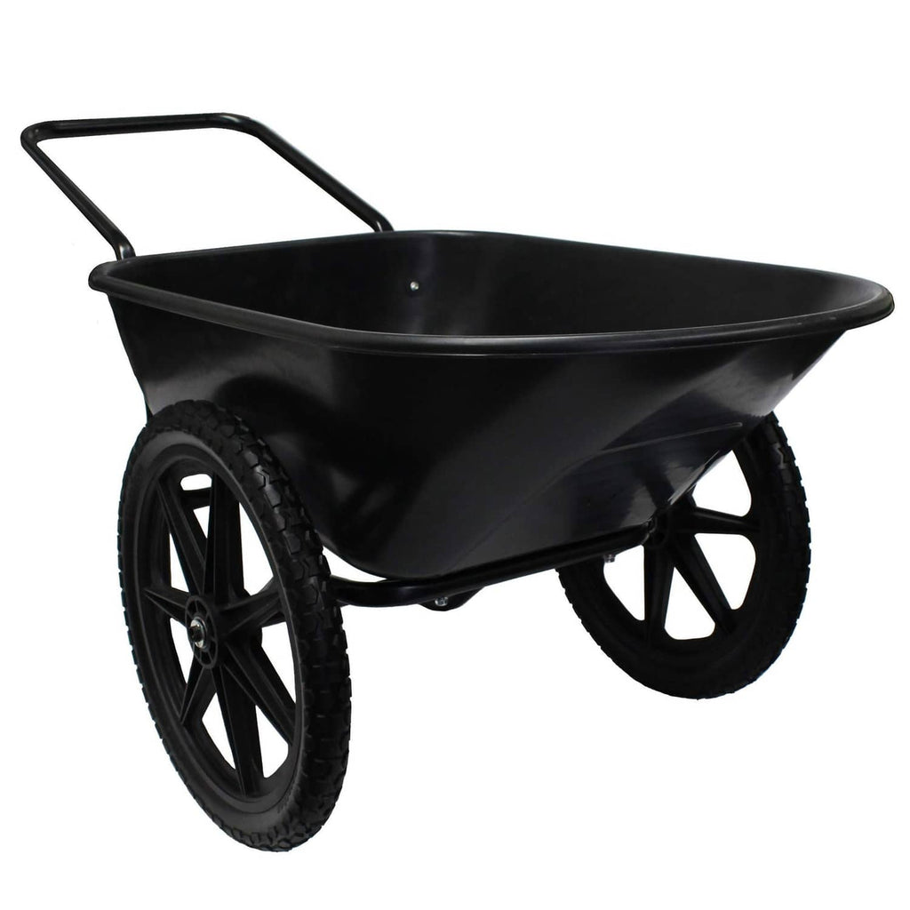 Flat-free replacement tire and wheel mounted on black wheelbarrow cart