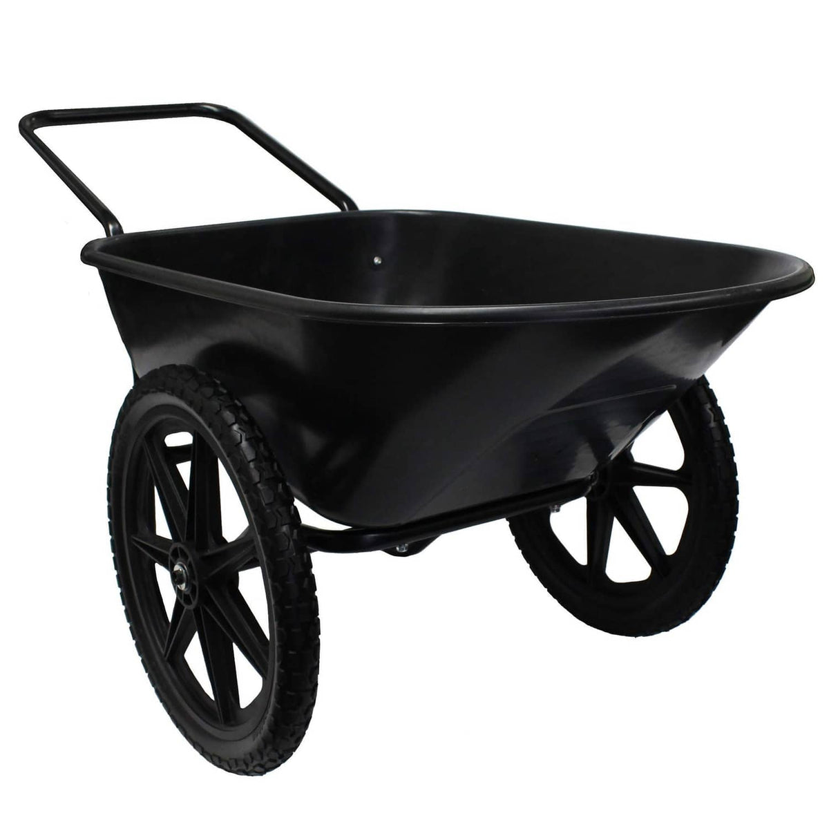 Flat-free replacement tire and wheel mounted on black wheelbarrow cart