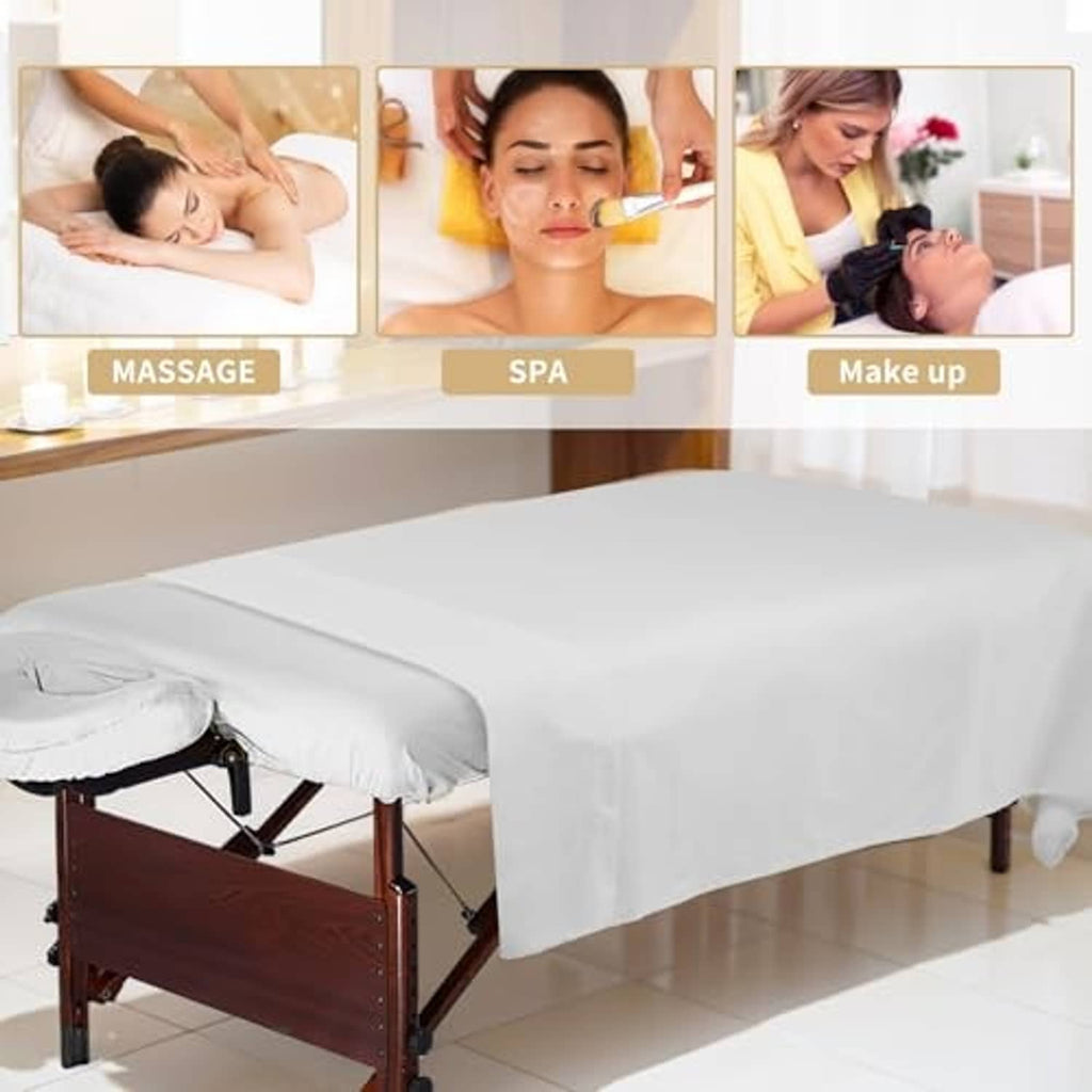 White massage table sheet set on treatment table, smooth fitted cover for use