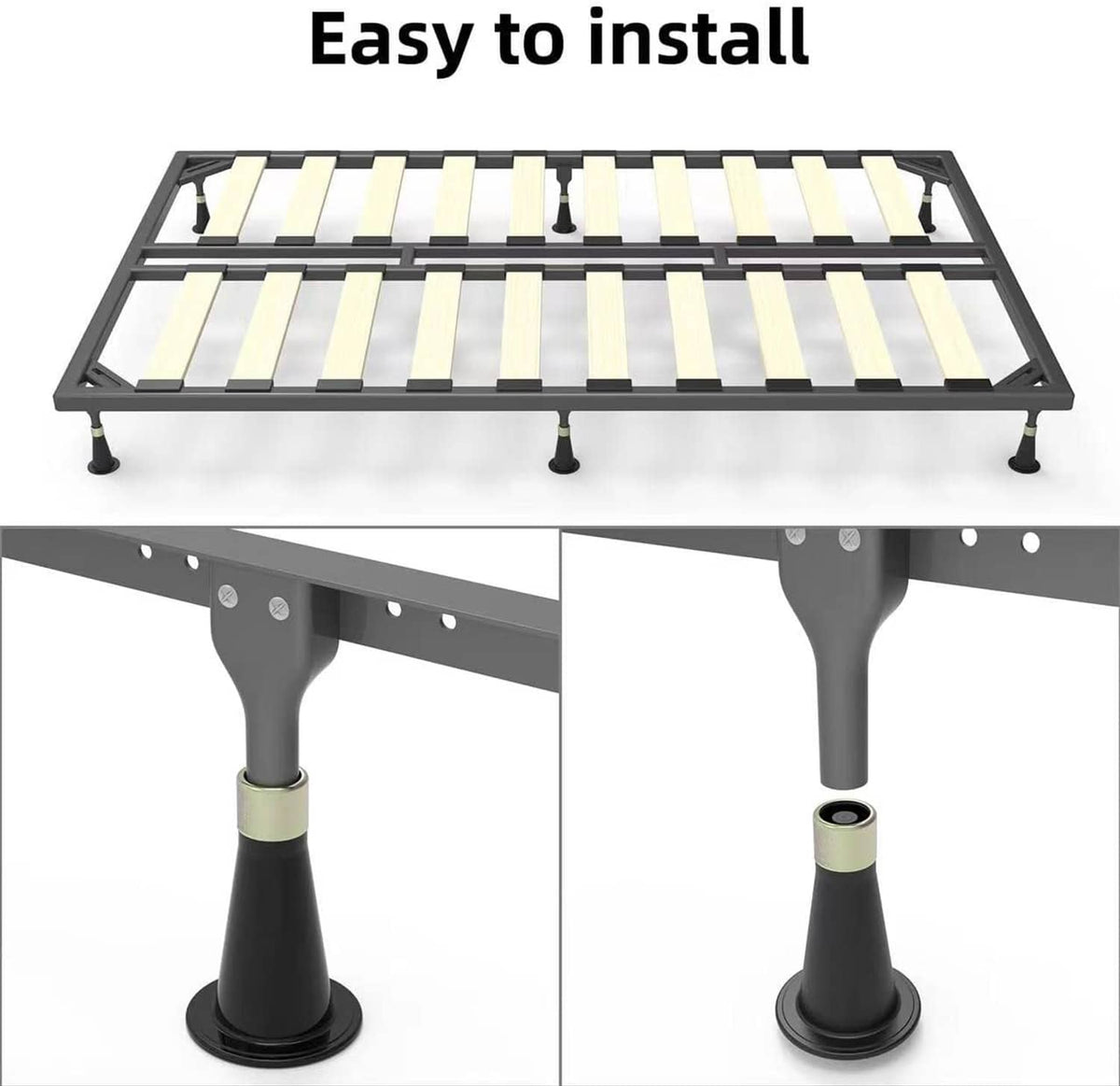 Bed frame support feet installed under slatted bed frame, black with metal collars
