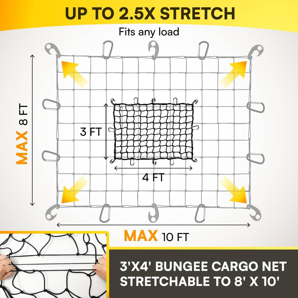 Expandable truck cargo net with bungee cords and corner loops, black mesh