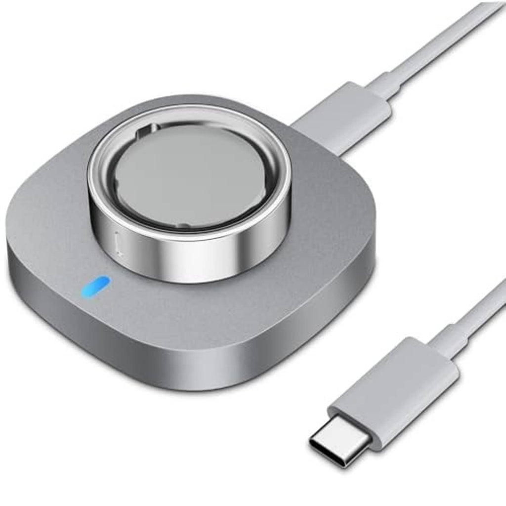 Gray charging dock with circular cradle and USB connector cable