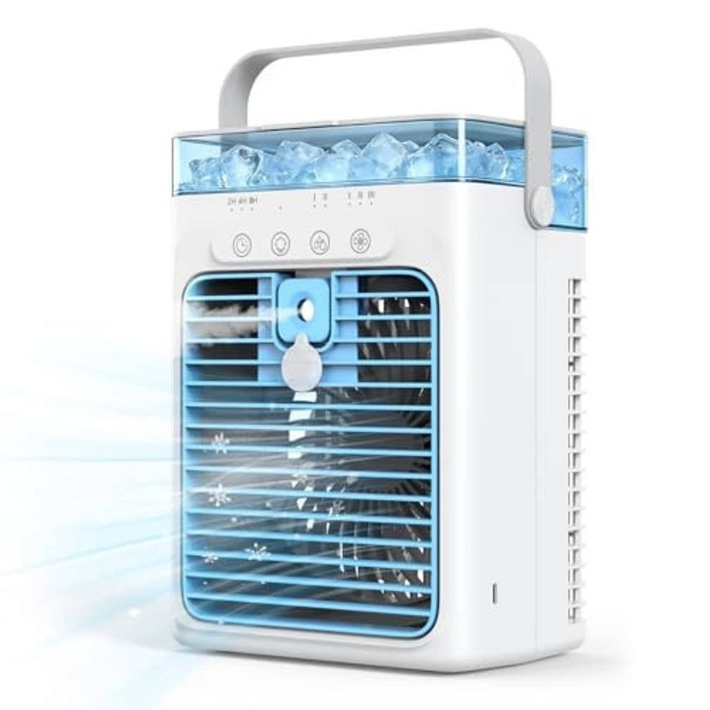 Portable evaporative air cooler, white with blue front vents and top handle.