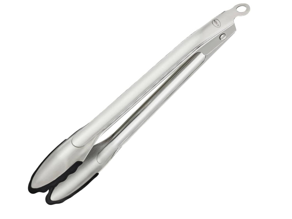 11.8 in silver locking tongs with black silicone tips and hinged grip