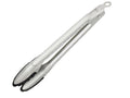 11.8 in silver locking tongs with black silicone tips and hinged grip