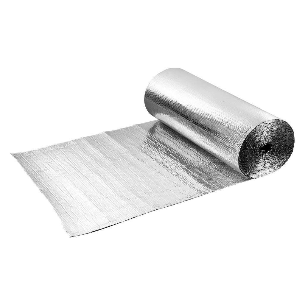 Radiant barrier insulation roll with dual silver aluminum foil, wide sheet unrolled