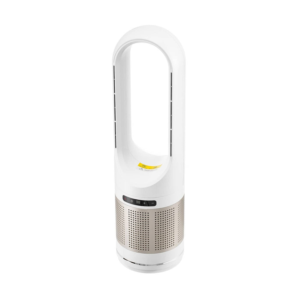 Uimoso white bladeless tower fan with front grille and control panel, oval frame