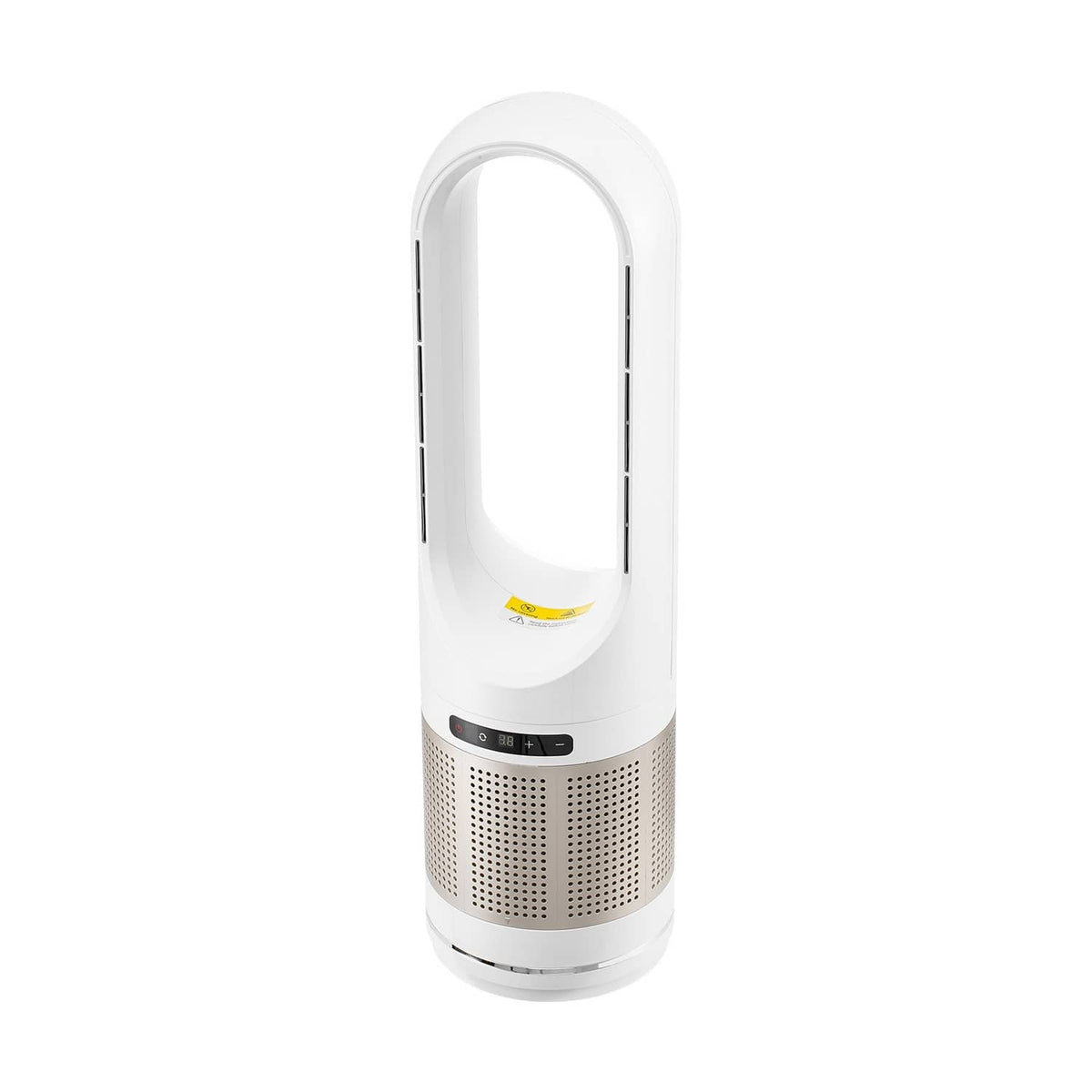 Uimoso white bladeless tower fan with front grille and control panel, oval frame