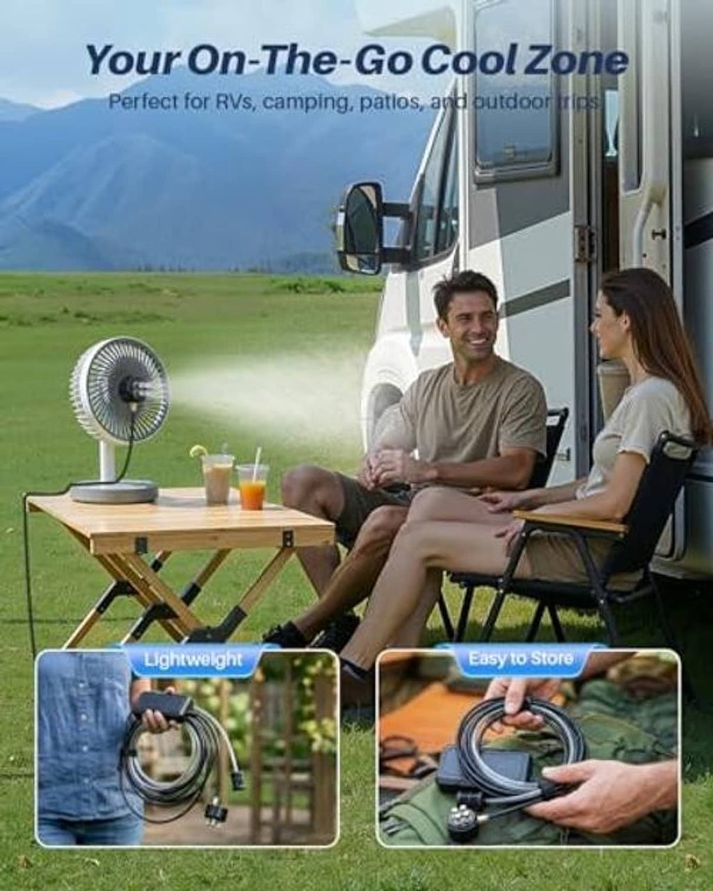 On-the-go misting fan system with compact pump and coiled hose for outdoor use