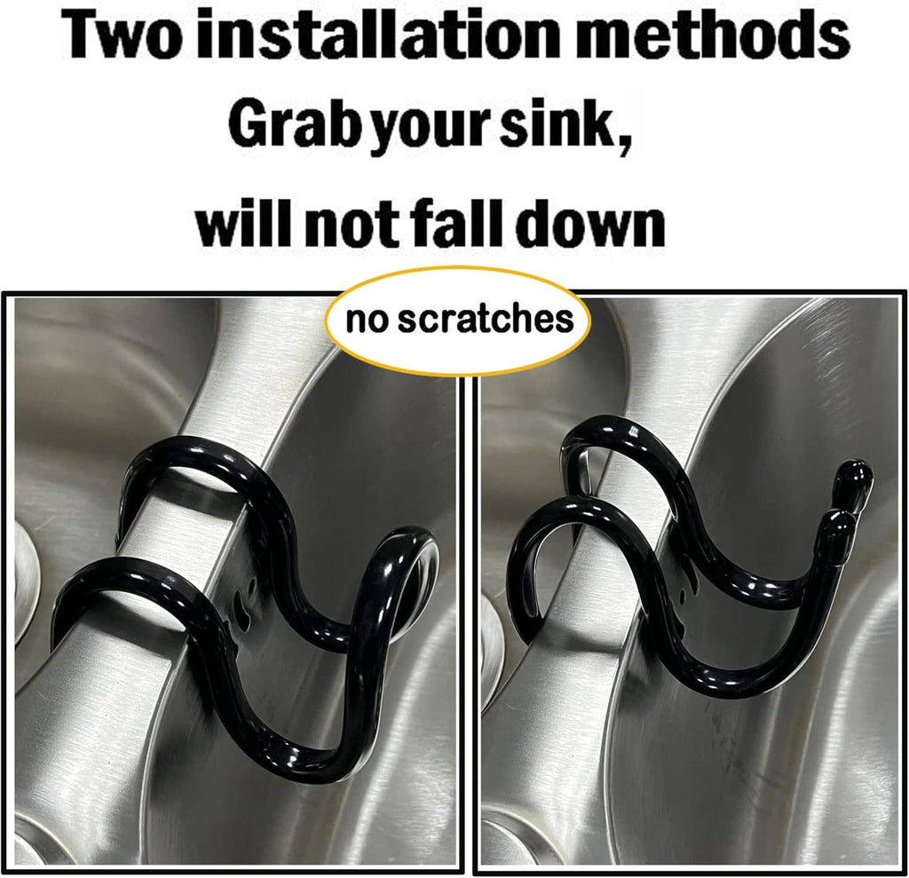 Adjustable dish wand holder mounted on sink, black U-shaped rack with grippy ends