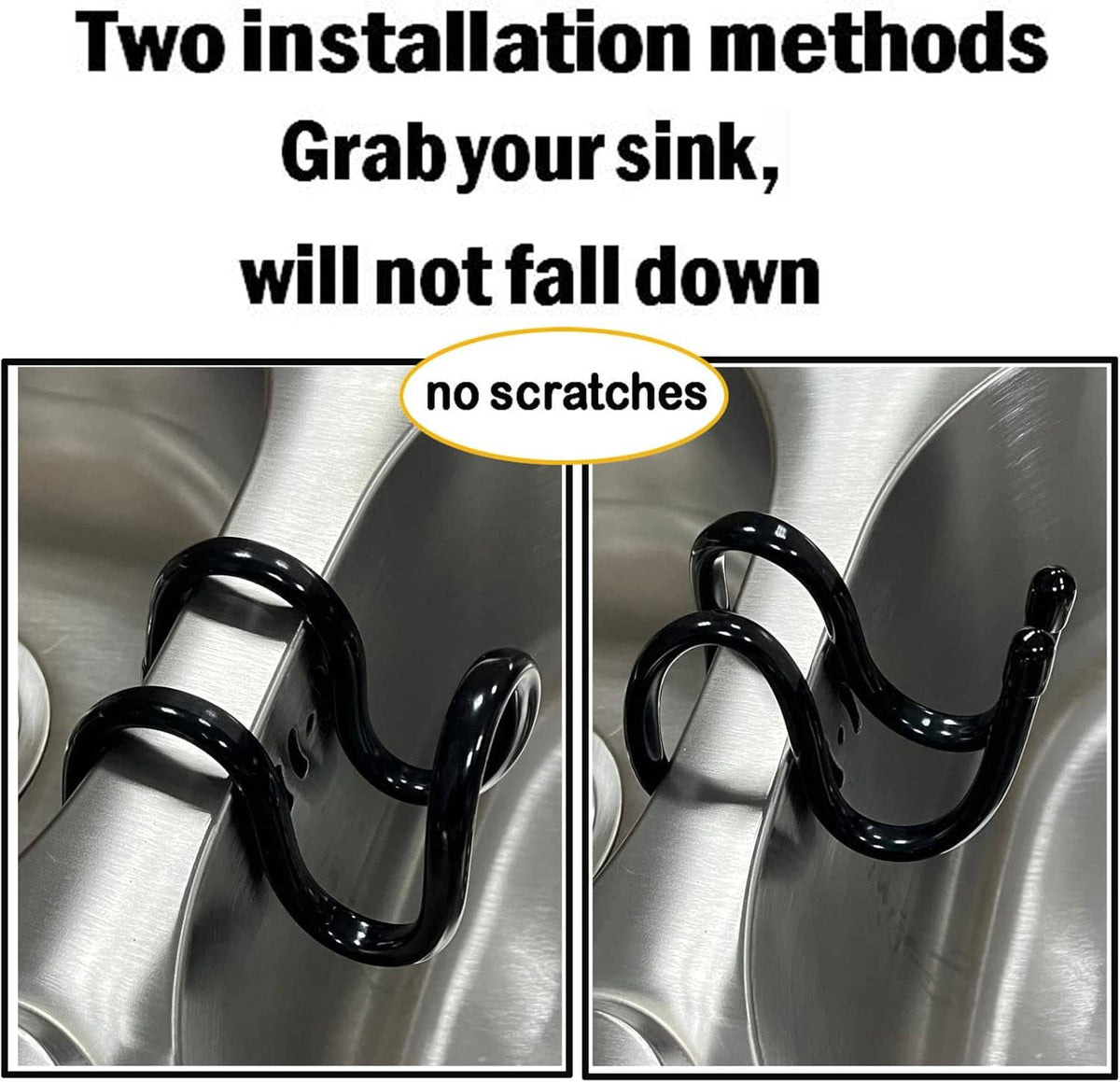Adjustable dish wand holder mounted on sink, black U-shaped rack with grippy ends