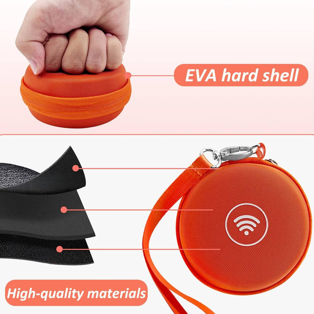Orange EVA-style hard shell case with zipper and carabiner clip, shown being pressed