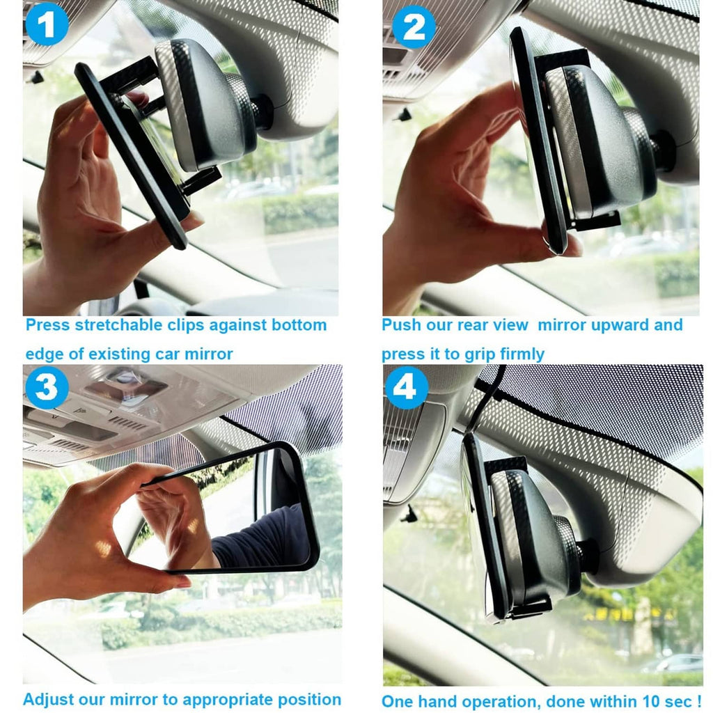 Clip-on rear view mirror being attached to existing car mirror with stretch clips