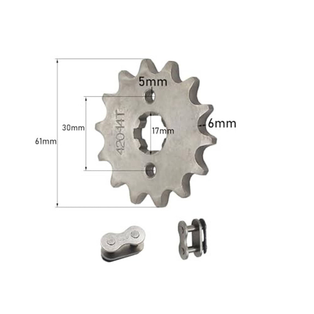 Front sprocket with 17mm bore and mounting holes; shown with size dimensions