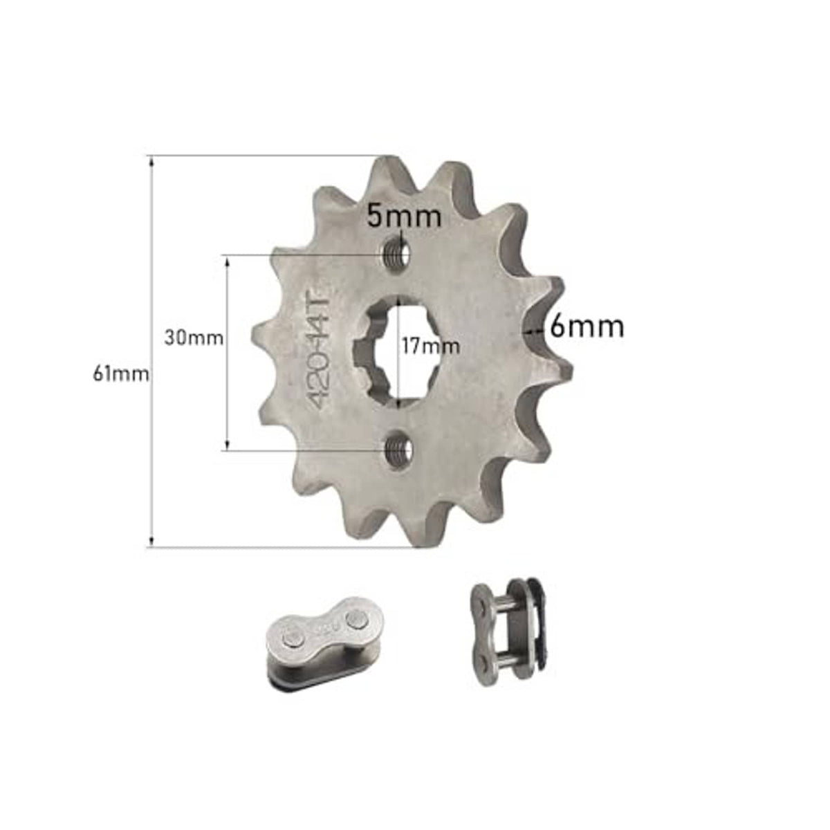 Front sprocket with 17mm bore and mounting holes; shown with size dimensions