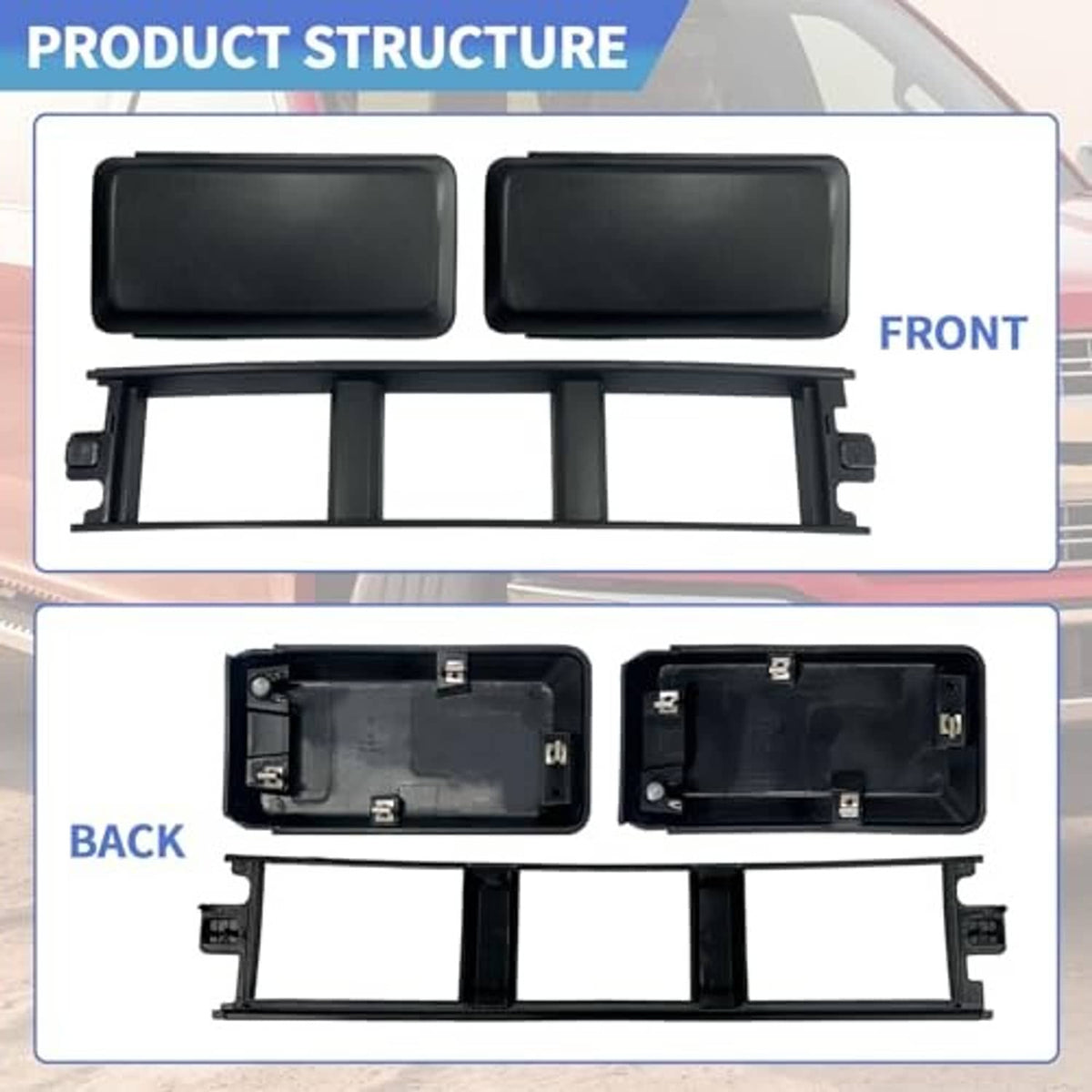 Front bumper cover end kit showing front and back sides of two dark pads and frame