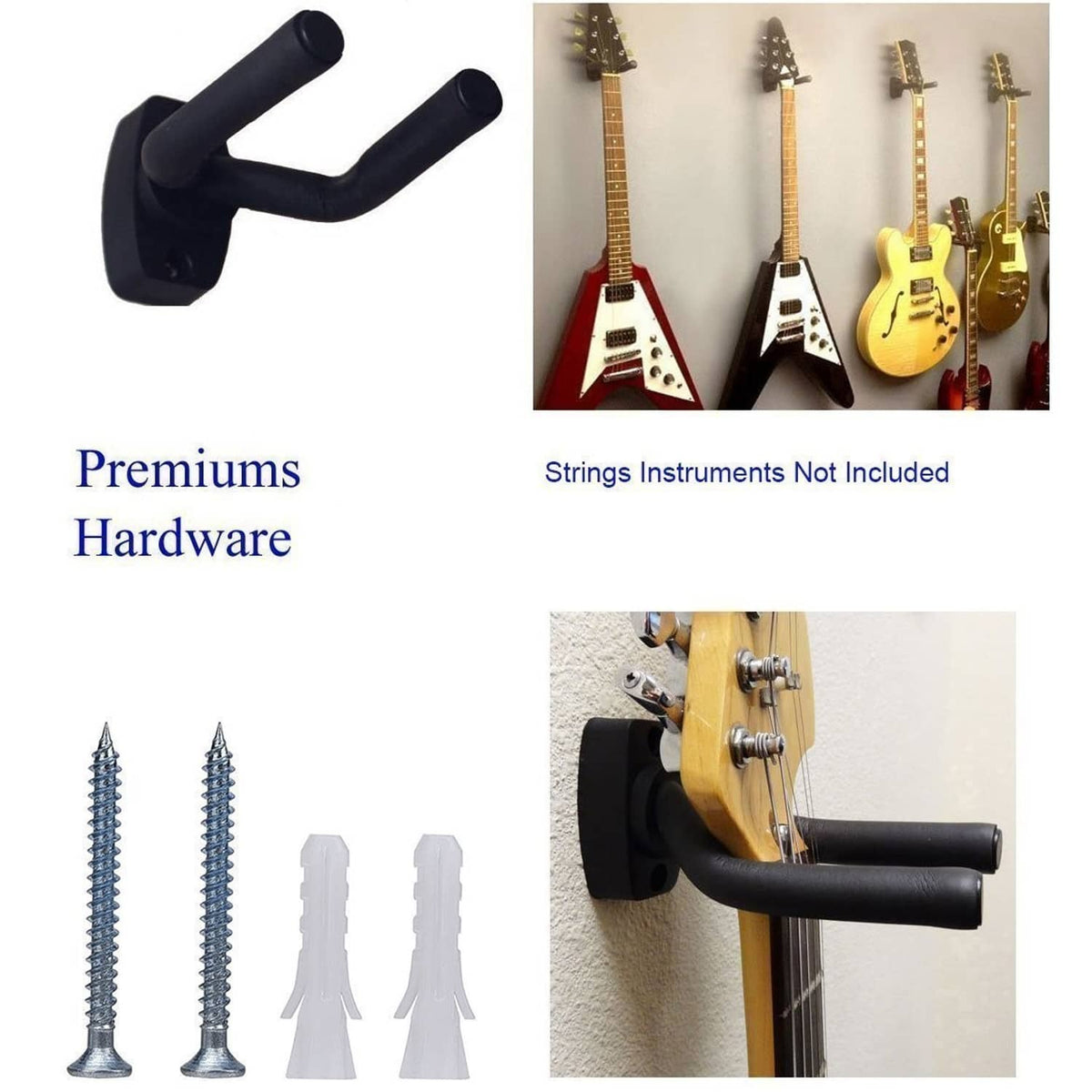 Black guitar wall hanger mount; screws and anchors included