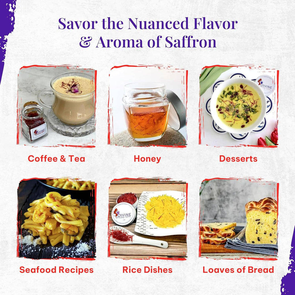 Infographic showing saffron uses: coffee, tea, honey, desserts, seafood, rice, and bread