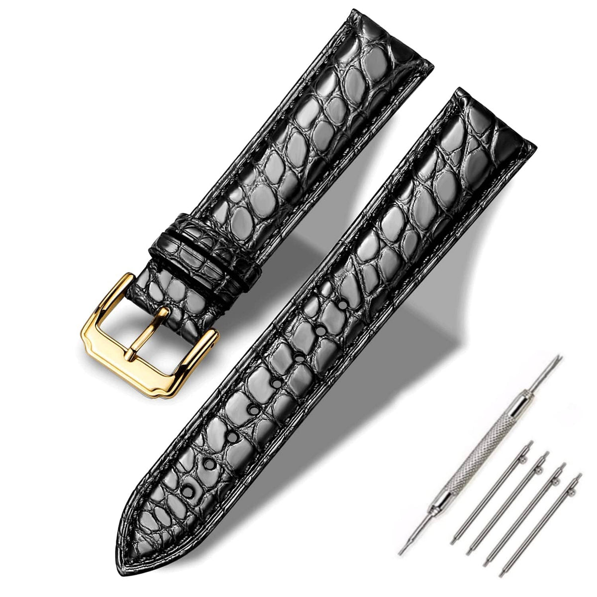 Black alligator-style leather watch strap with gold buckle and keeper, 20mm
