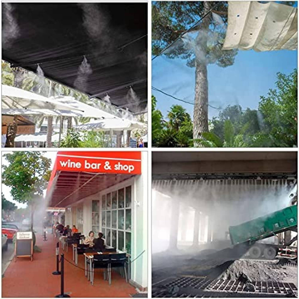 Outdoor misting nozzle releasing cooling spray from overhead line