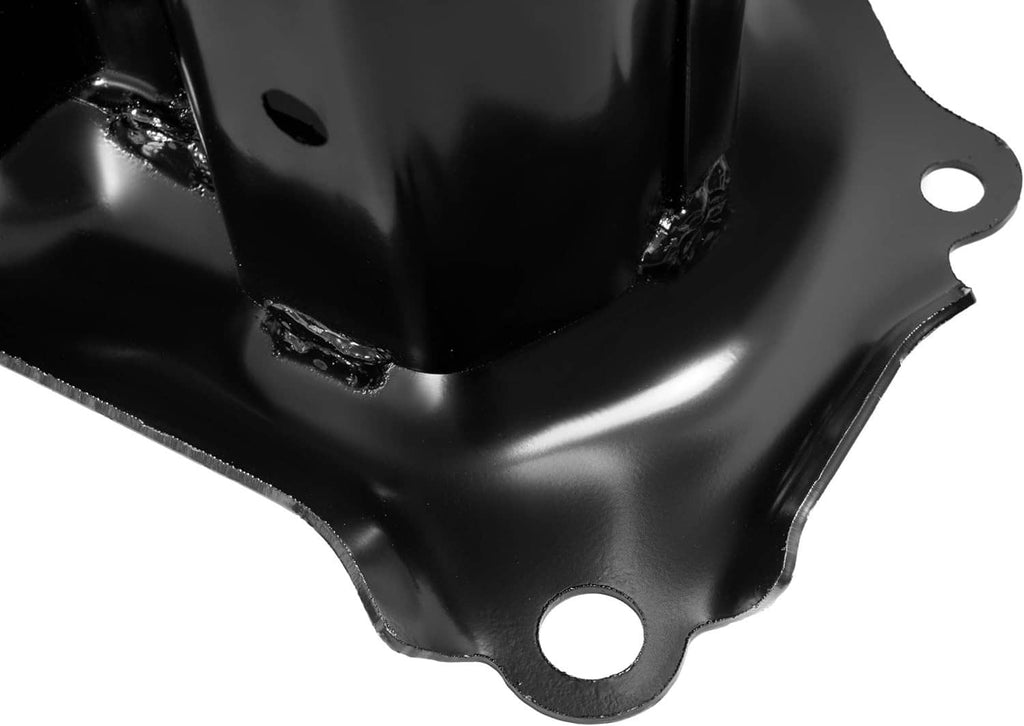 Black bumper reinforcement bracket base plate with stamped tabs and circular hole
