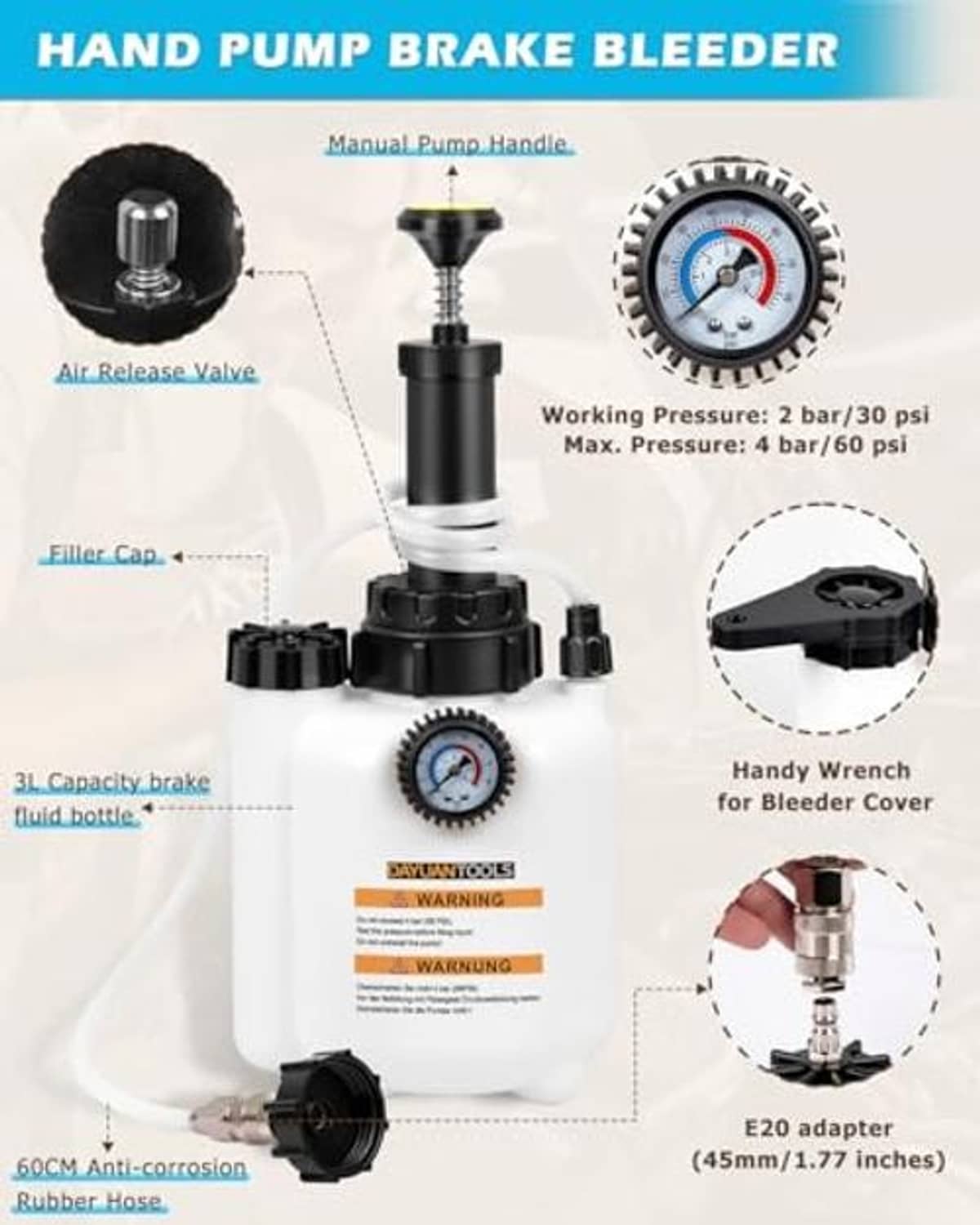 Hand pump brake bleeder kit with pump handle, pressure gauge, adapters and filler cap