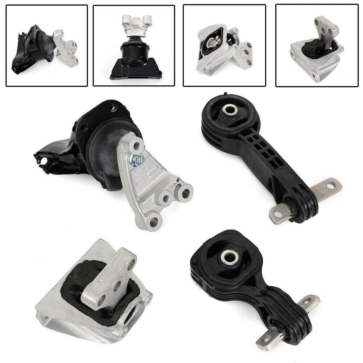 Engine mount set with black and silver brackets, rubber bushings, and mounting pins