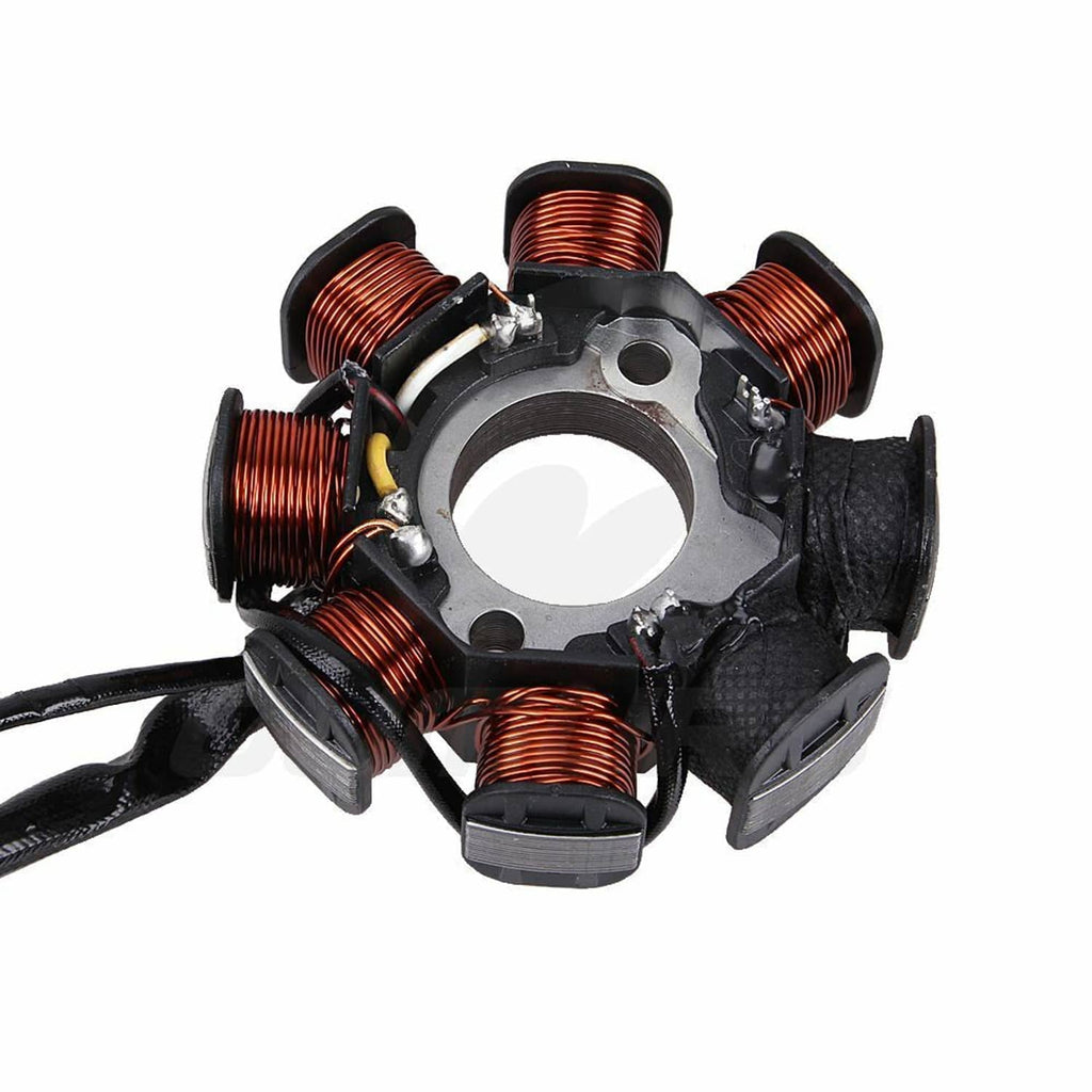 8-coil stator magneto assembly with copper coils, metal mounting plate, and black insulators