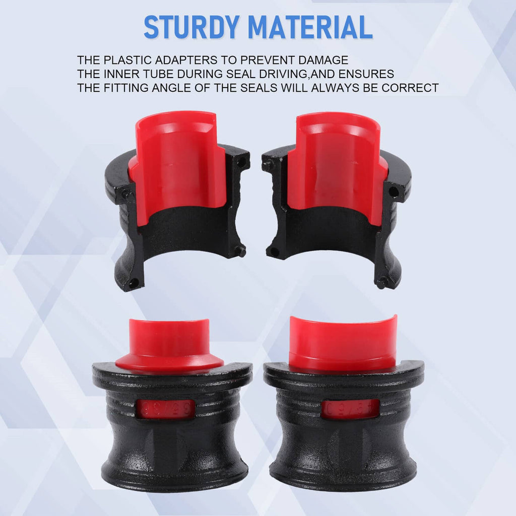 Pair of red-and-black plastic fork seal driver adapters with anti-slip mounting tabs