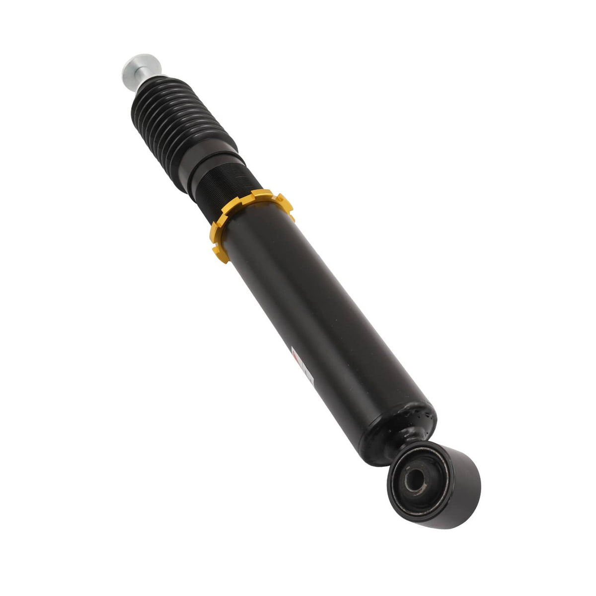 Black coilover strut with gold adjuster ring and threaded body