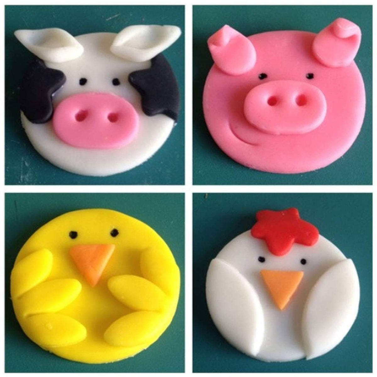 Animal-shaped cookies: pig, cow, chick, and mouse molds
