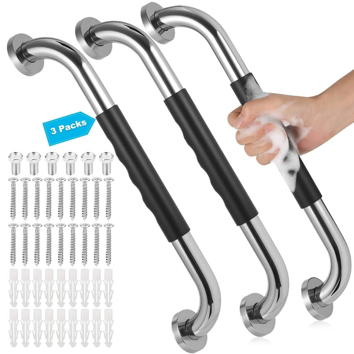 3-pack bathtub grab bars with black anti-slip grips and chrome mounting ends