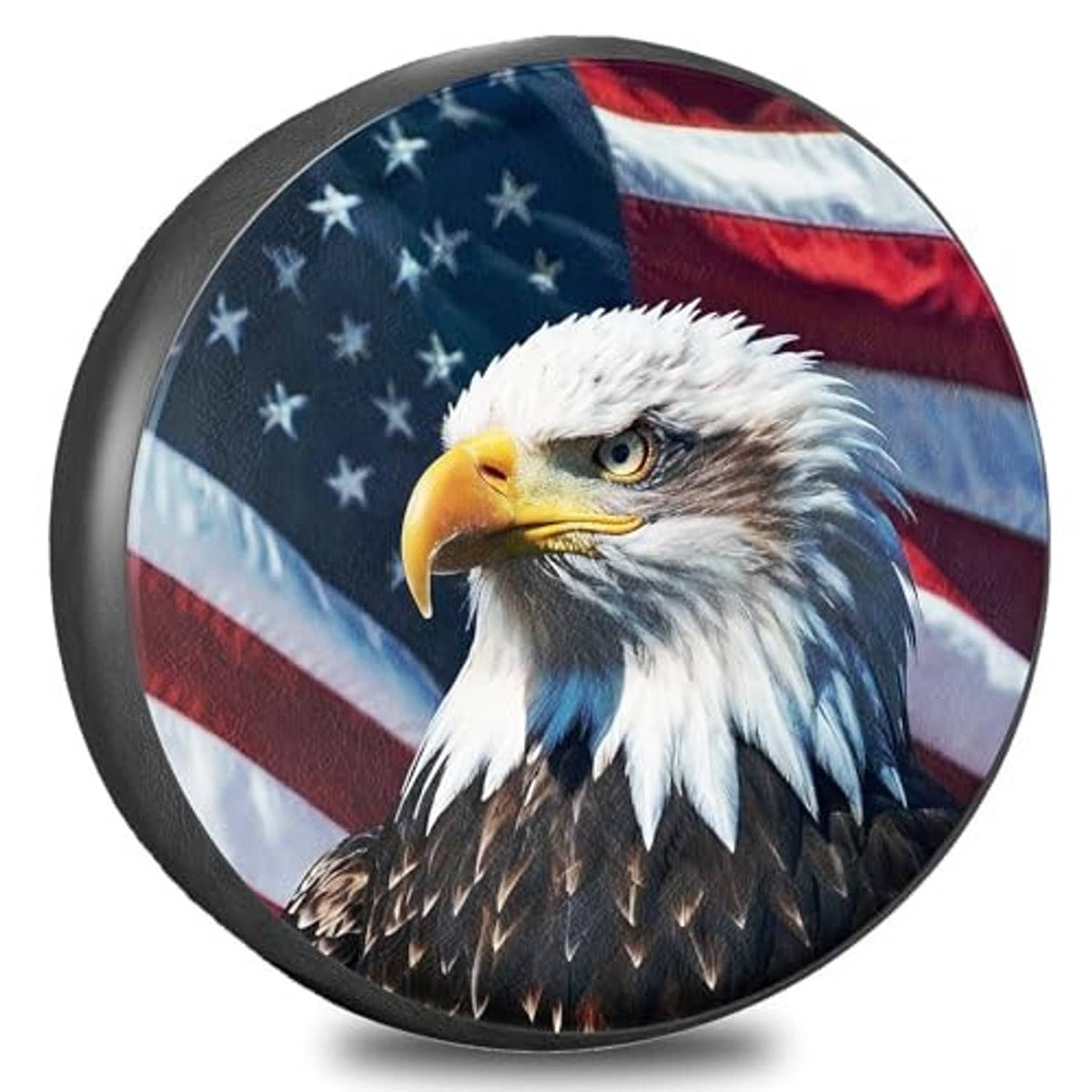 Spare tire cover showing bald eagle head over stars and stripes flag
