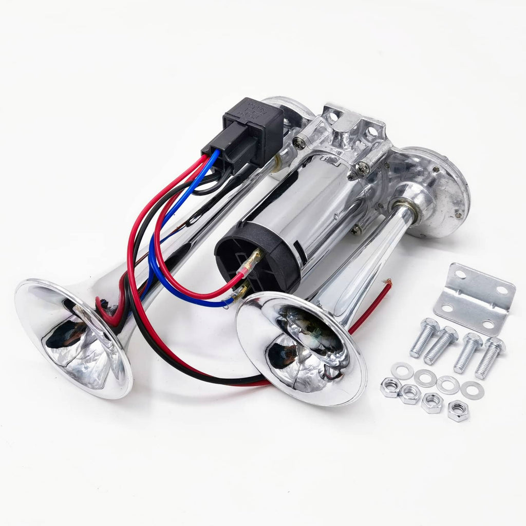 Dual trumpet 12V electric car horn with chrome trumpets and mounting hardware